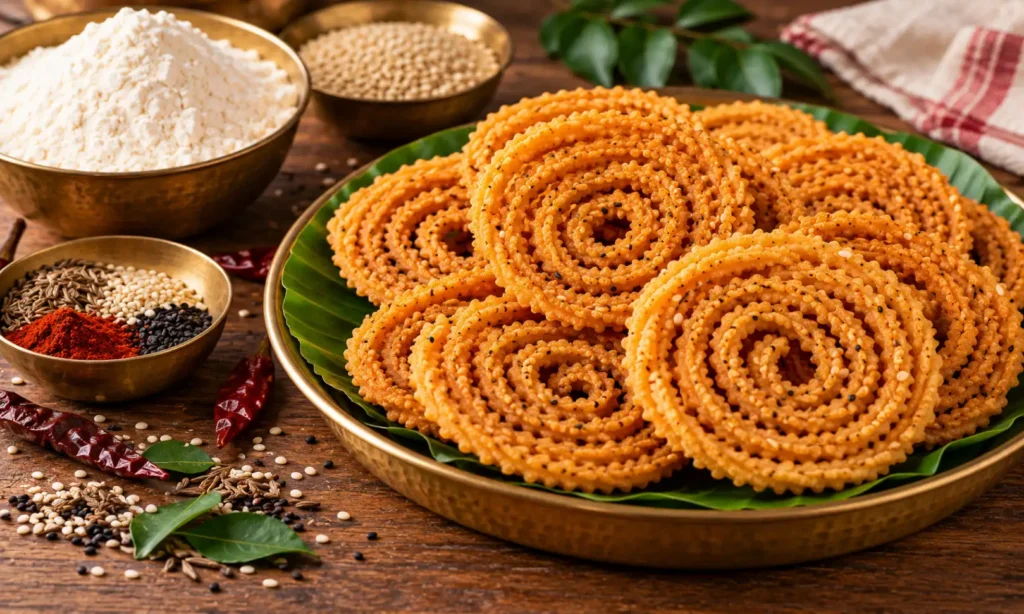 Traditional chakli with a ridged spiral shape